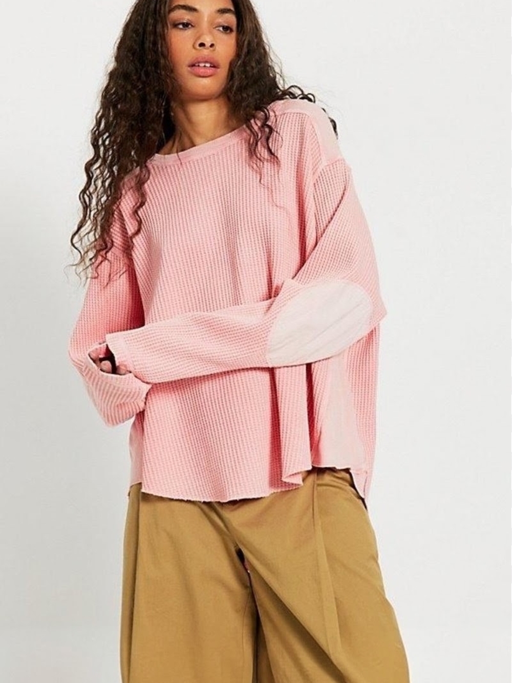 NWT Free People FP One Blake Thermal Knit Pink Oversized Waffle Patch Sleeve -L